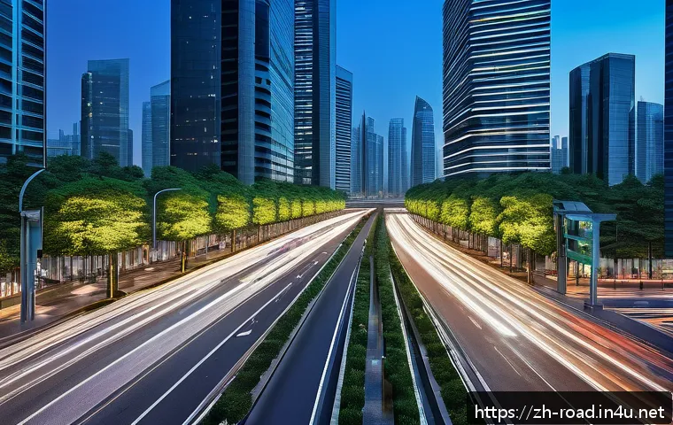 도로교통사 업무 평가 기준 - A futuristic smart city intersection during rush hour, featuring advanced adaptive traffic signal sy...