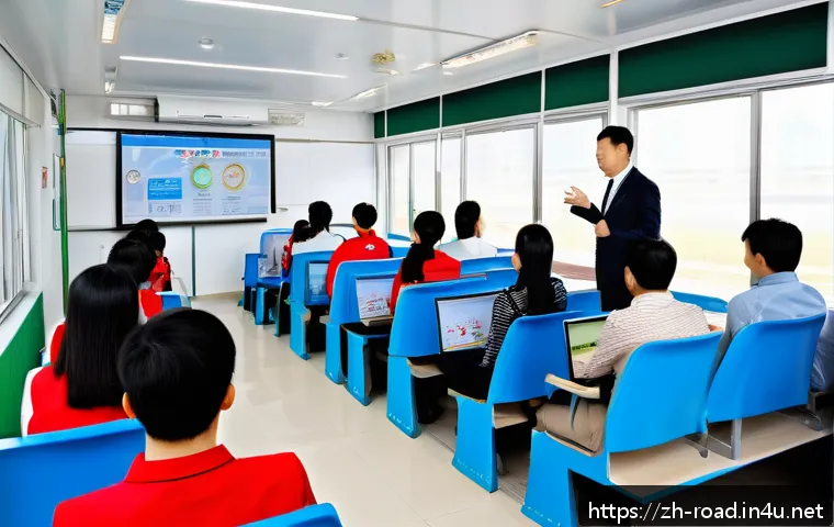 도로교통사 관련 자격증 비교 - A modern Chinese driving school classroom scene with diverse adult students attentively learning abo...