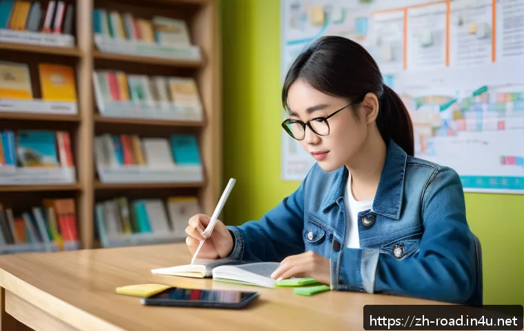 도로교통사 필기시험 고득점을 위한 학습 자료 - A detailed, realistic classroom scene focused on a young adult Chinese student attentively studying ...