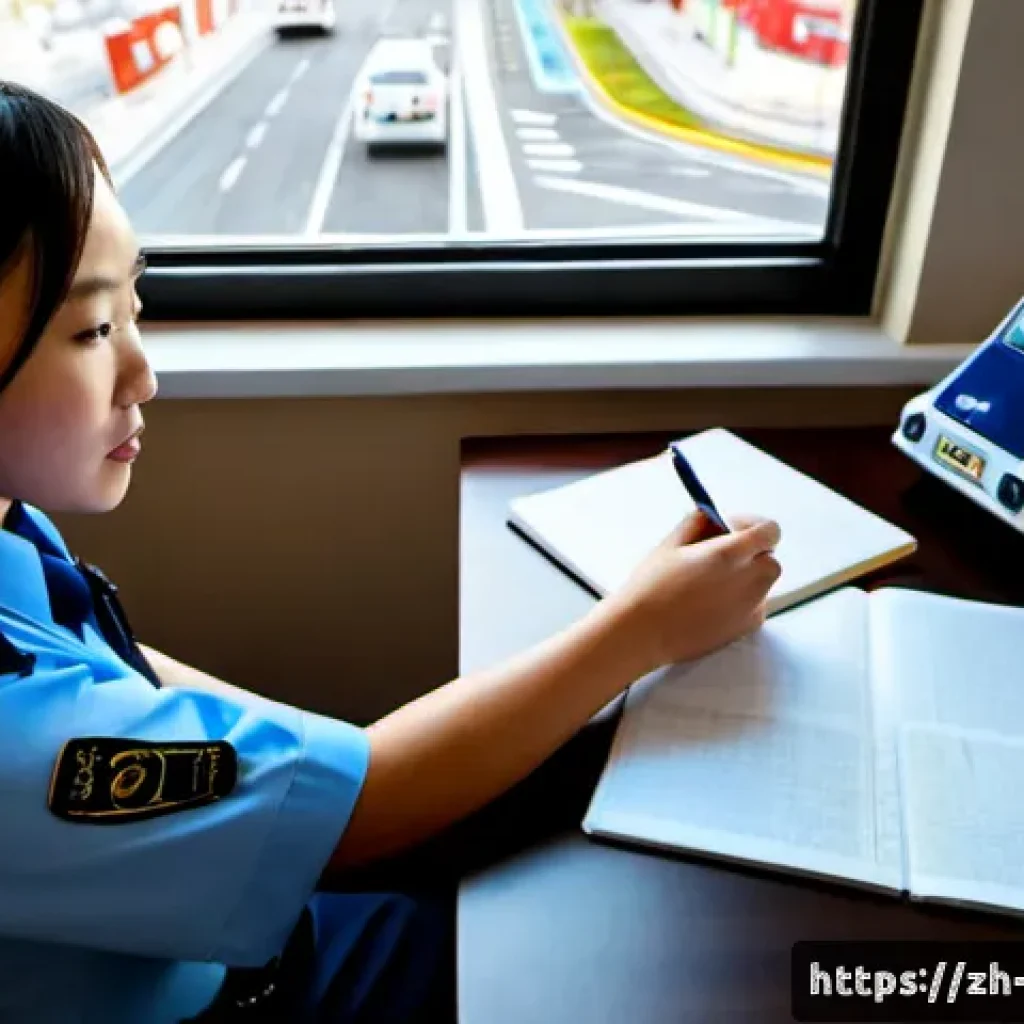 도로교통사 시험 준비를 위한 학습 방법 정리 - Photorealistic study scene for road traffic police examination preparation, a focused young adult se...