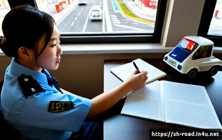 도로교통사 시험 준비를 위한 학습 방법 정리 - Photorealistic study scene for road traffic police examination preparation, a focused young adult se...