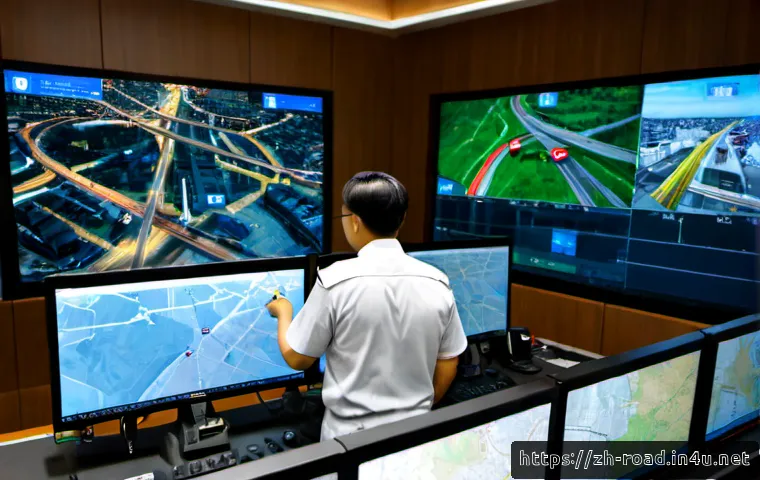 도로교통사 직무에서의 소통 중요성 - Photorealistic traffic operations team in a modern control room, diverse road traffic professionals ...
