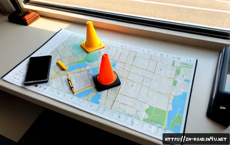 도로교통사 실기시험 준비에 필요한 자원 - Photorealistic driving test preparation desk, neatly arranged blank road map sheets, small traffic c...