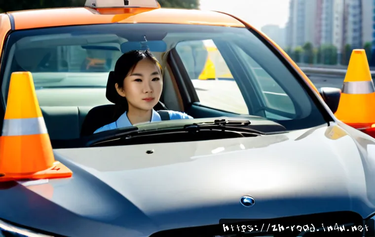 도로교통사 실기시험 성공을 위한 전략 - Photorealistic driving practical test scene in a modern Chinese city, calm adult learner wearing a s...